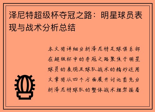 泽尼特超级杯夺冠之路：明星球员表现与战术分析总结